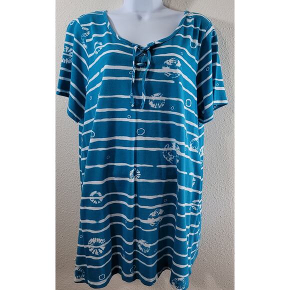 Woman Within Teal White Striped Round Neck Top 1X Plus Lightweight Short Sleeves - Picture 1 of 7